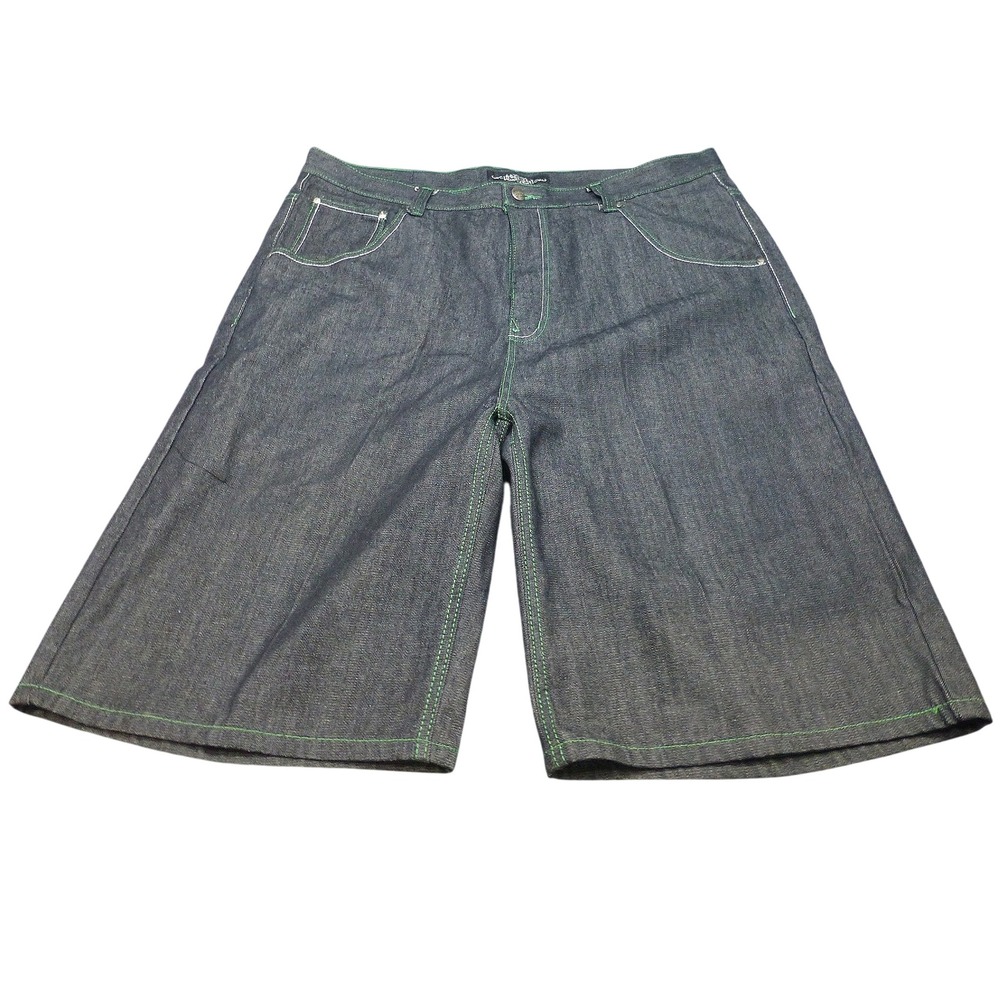 Urban Label Mens Denim Shorts Baggy Y2K Dark Wash Green Stitching Size 46